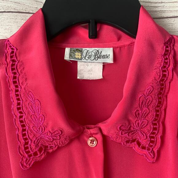 Vintage La Blouse Pink Silky Blouse Button Up Short Sleeves Shoulder Pads 12 - Picture 4 of 11